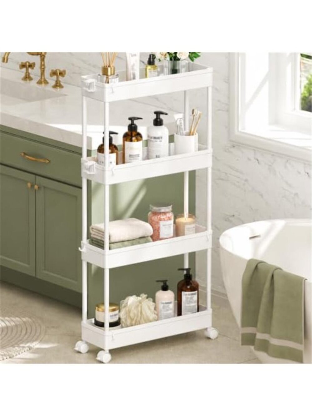 Slim Rolling Storage Cart, 4 Tier Bathroom Cart Organizer,White